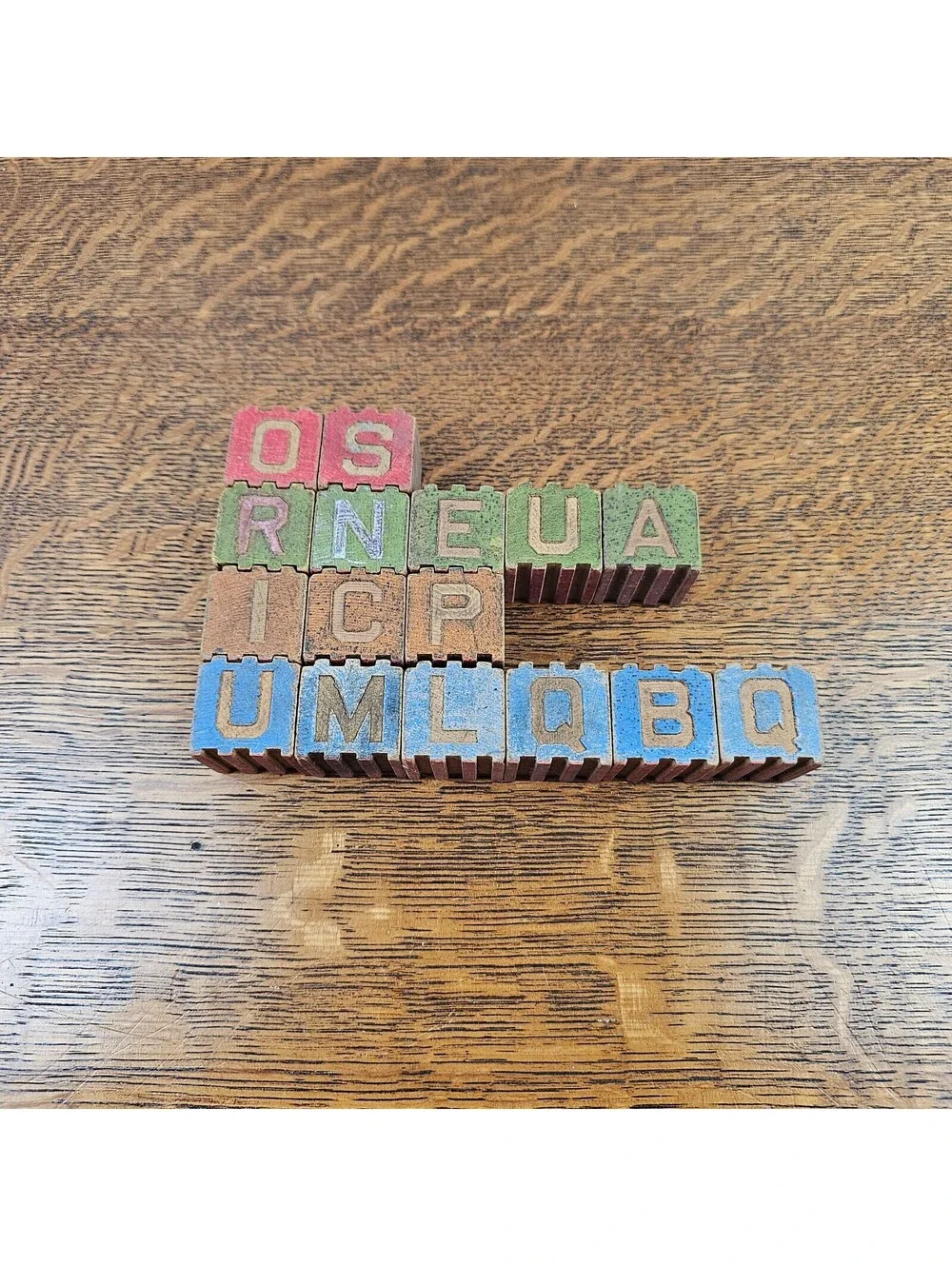 Vintage Interlocking Wooden Alphabet Blocks Lot 16 ABC Picture Toy Raised Stripe